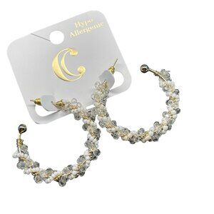 Charming Charlie, Hypoallergenic Crystal & Pearl Hoop Earrings Gold Tone 1.5 Inc